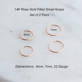 Rose Gold Filled 2 Pair Set of 6 mm and 7 mm Hoop Earrings gauge 22