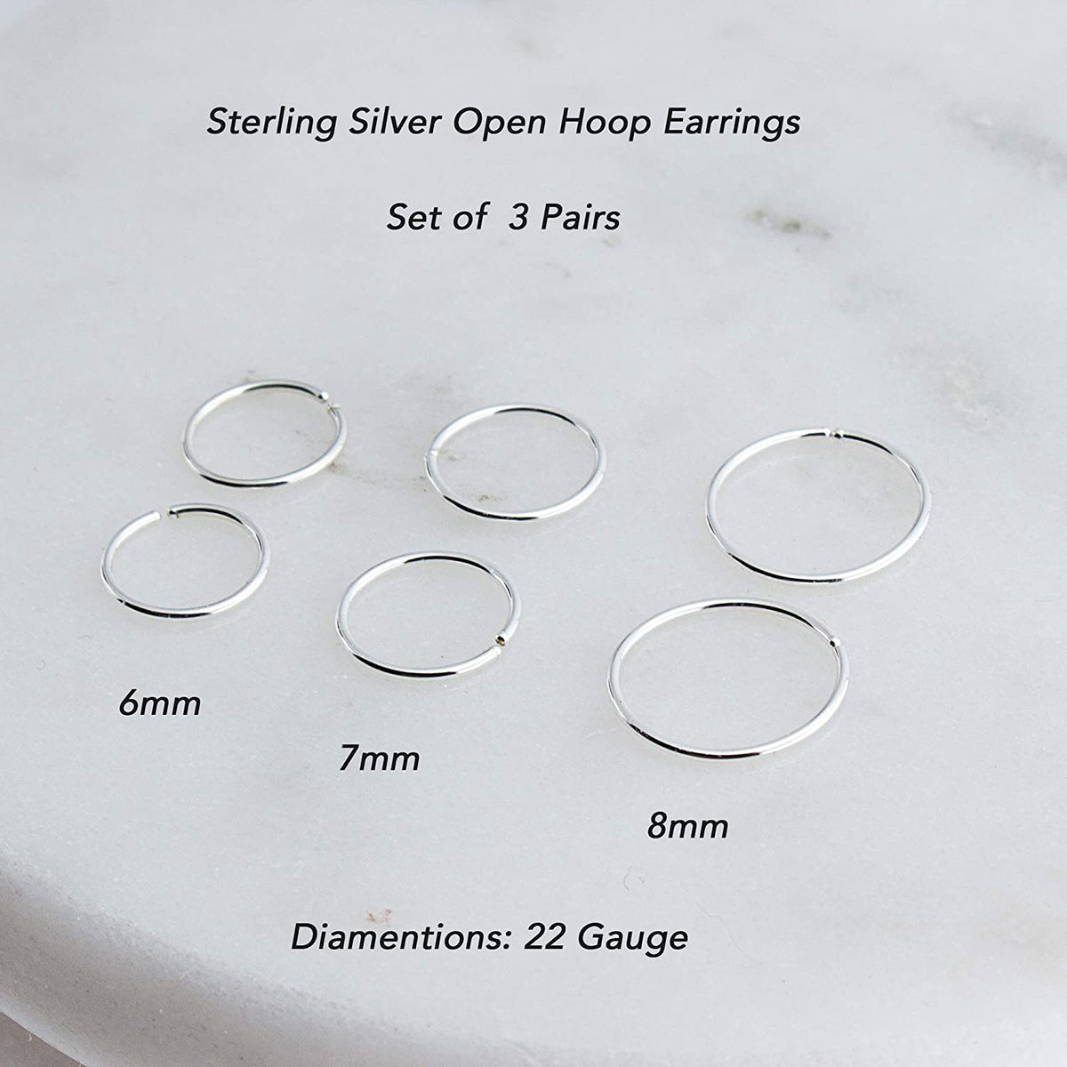 Sterling Silver Pair Set of 6-7-8 mm Hoop Earrings gauge 22