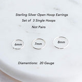 Sterling Silver Mismatched Set of 6 mm, 7 mm and 8 mm Hoop Earrings gauge 20
