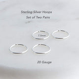 Sterling Silver 2 Pair Same Size Set of 7.5 mm Hoop Earrings gauge 20