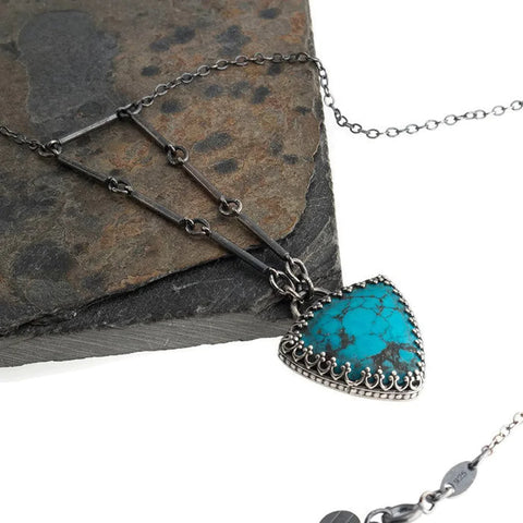 Turquoise Pendant Necklace, Real Blue Turquoise Necklace, Long Sterling Silver Necklace, Stackable Boho Necklace, Casual Ethnic