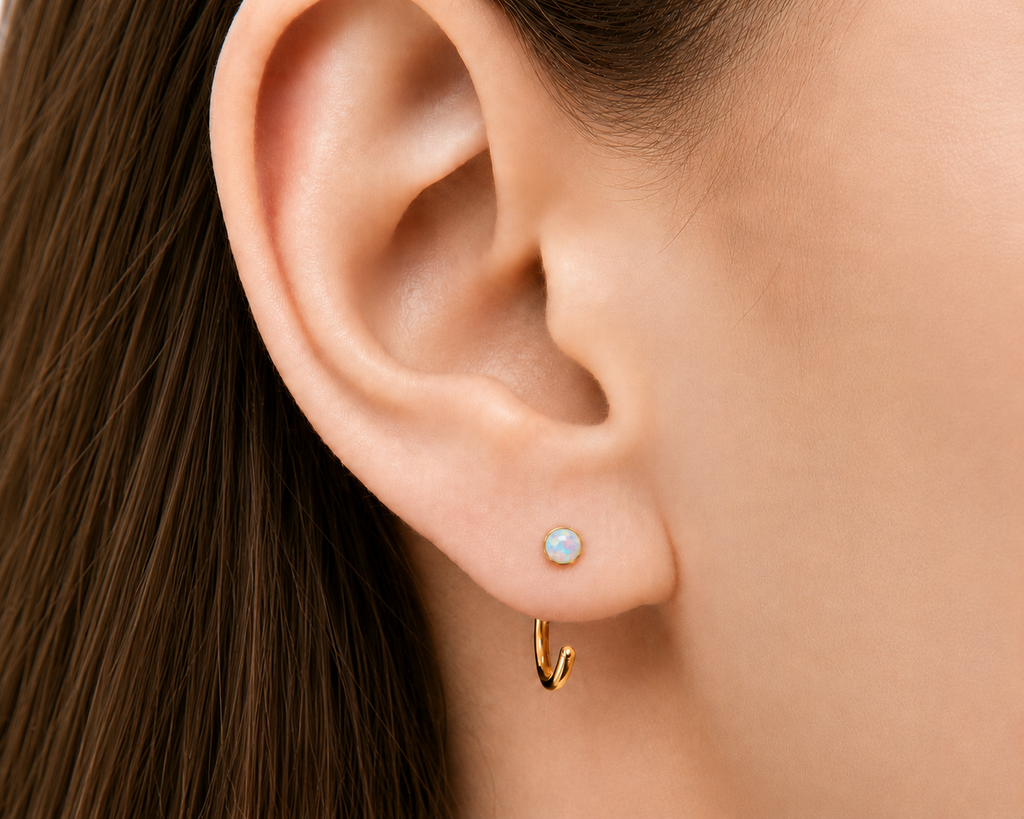 Gold-Filled Light Blue Opal Half Hoop Earrings