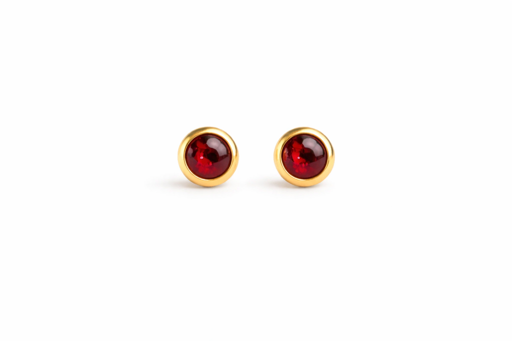 Gold-Filled Red Garnet Cabochon Stud Earrings