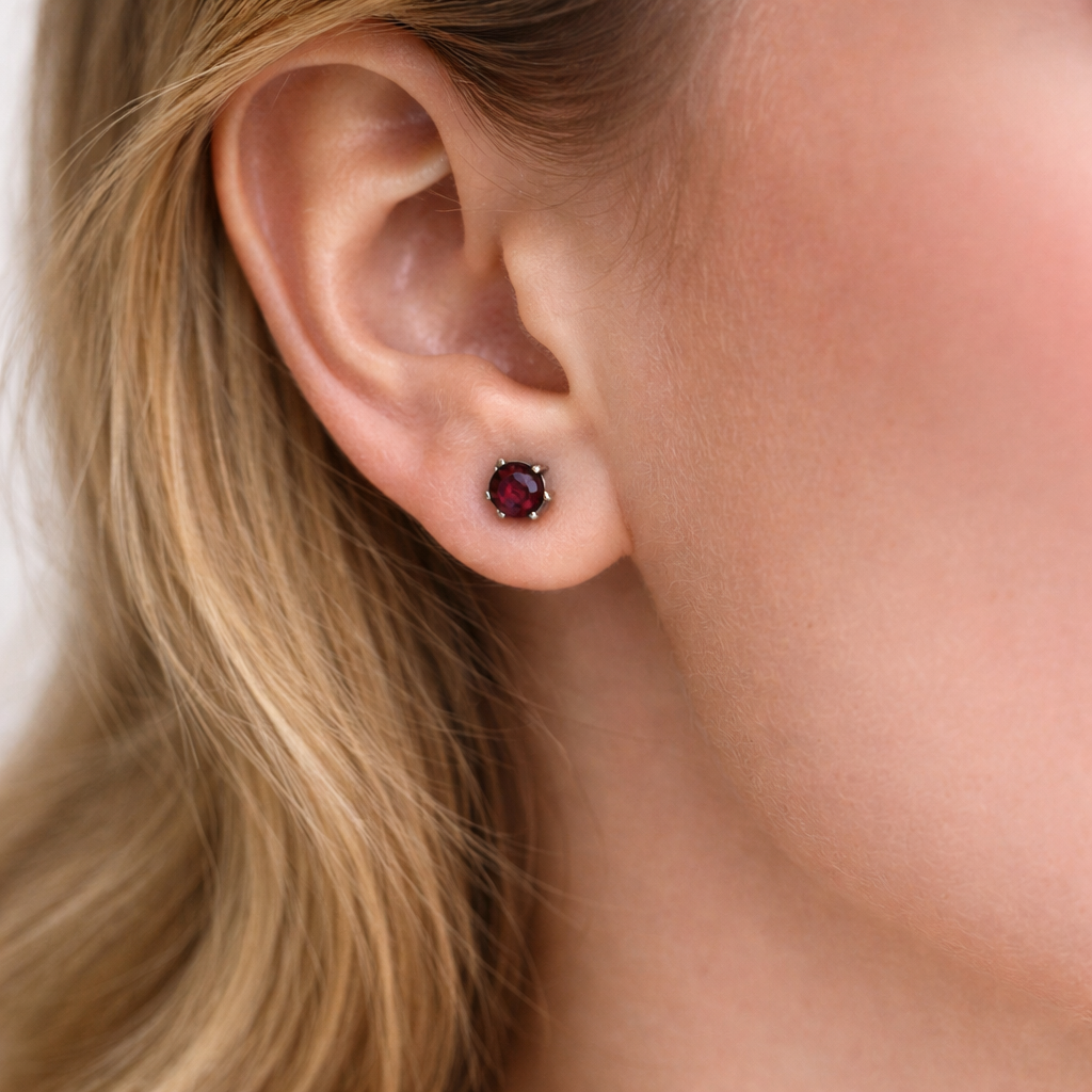 Sterling Silver Red Garnet Stone Stud Earrings
