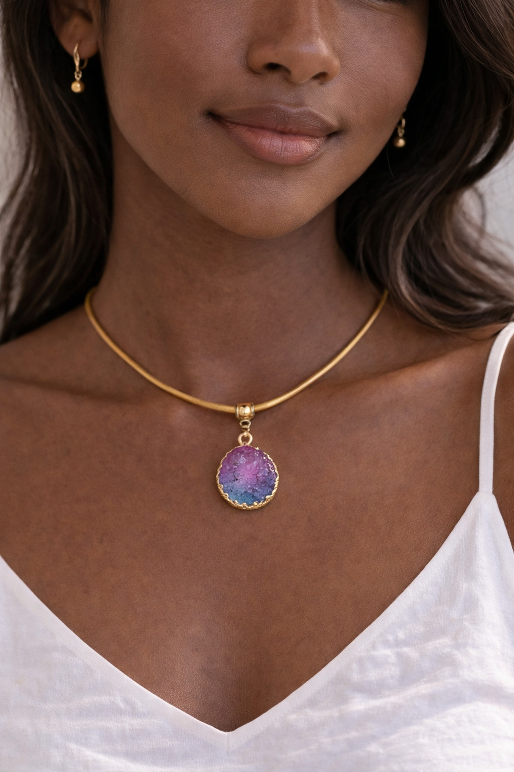 Pink & Blue Druzy Leather Cord Necklace