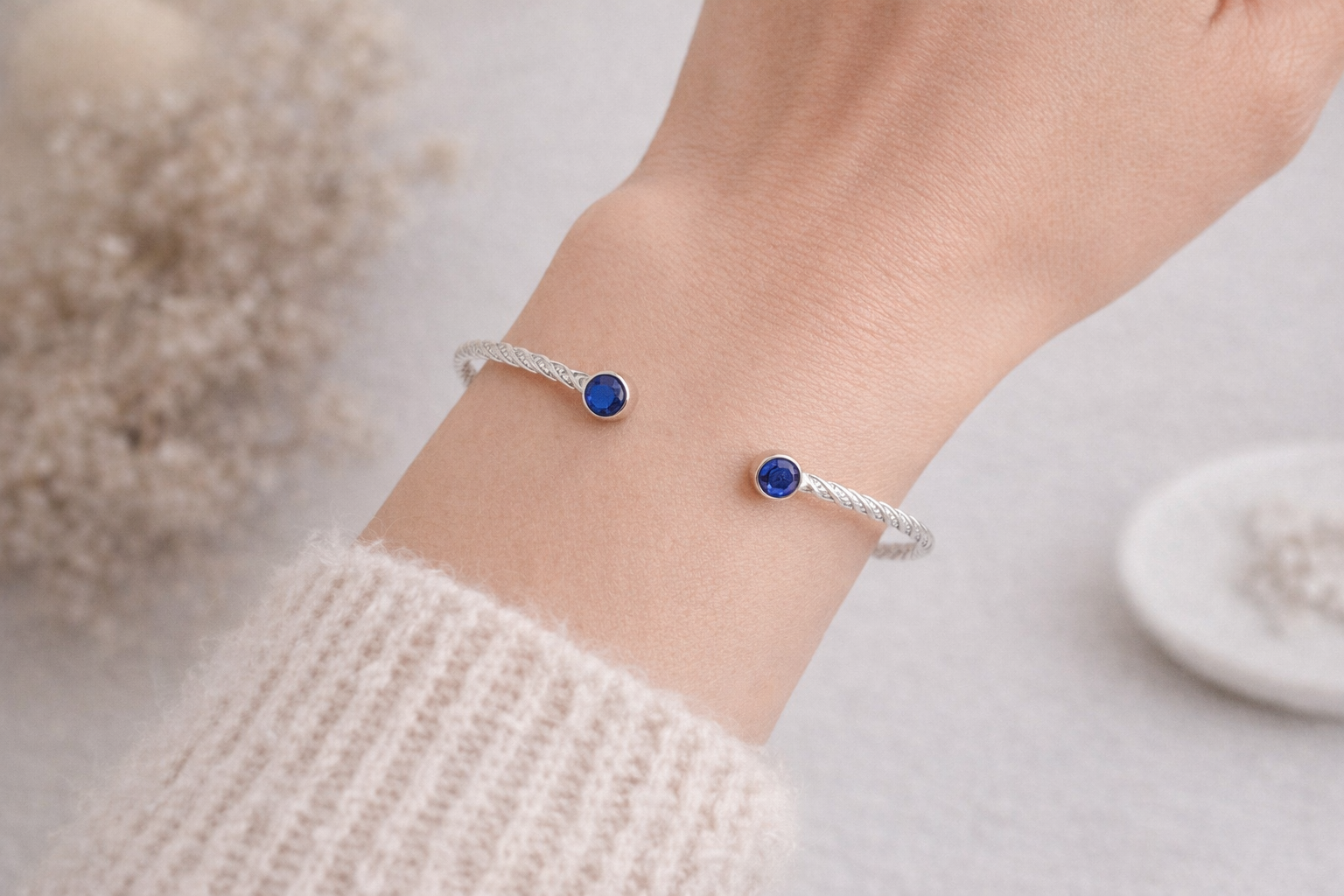 Blue Sapphire Twisted Cuff Bracelet