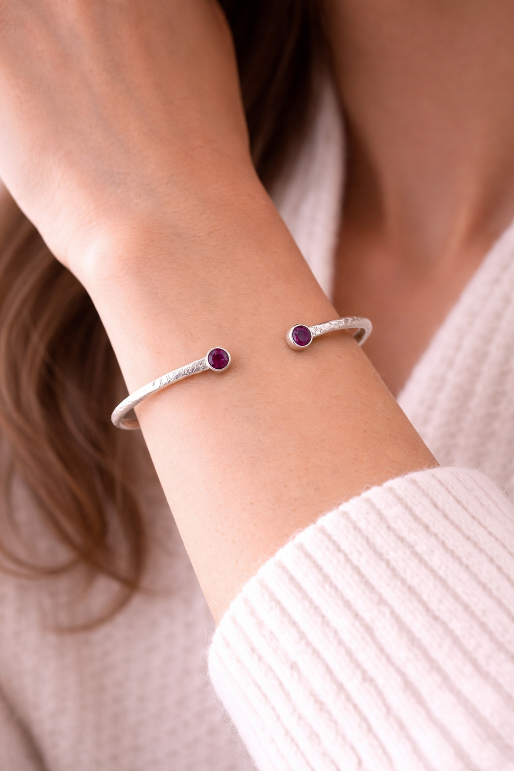 Ruby & Garnet Hammered Open Cuff Bracelet