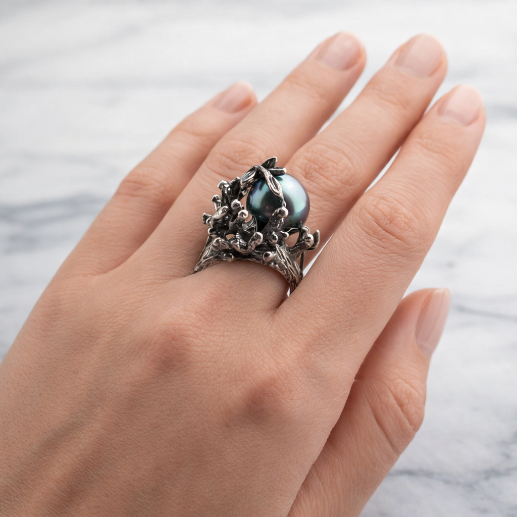 Sterling Silver Peacock Green Tahitian Pearl Ring