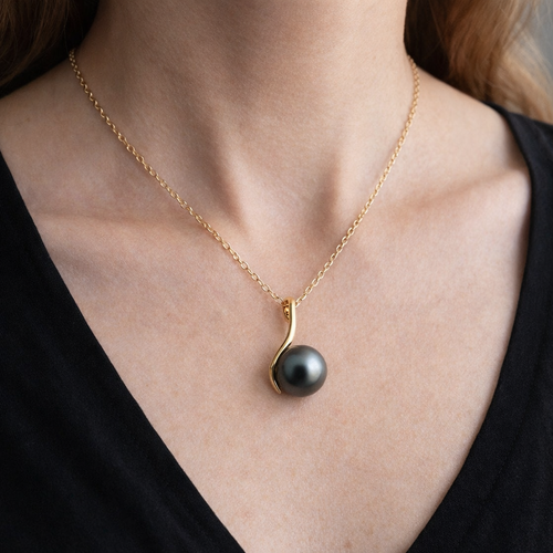 14K Gold Wishbone Pendant with Black Tahitian Pearl Necklace