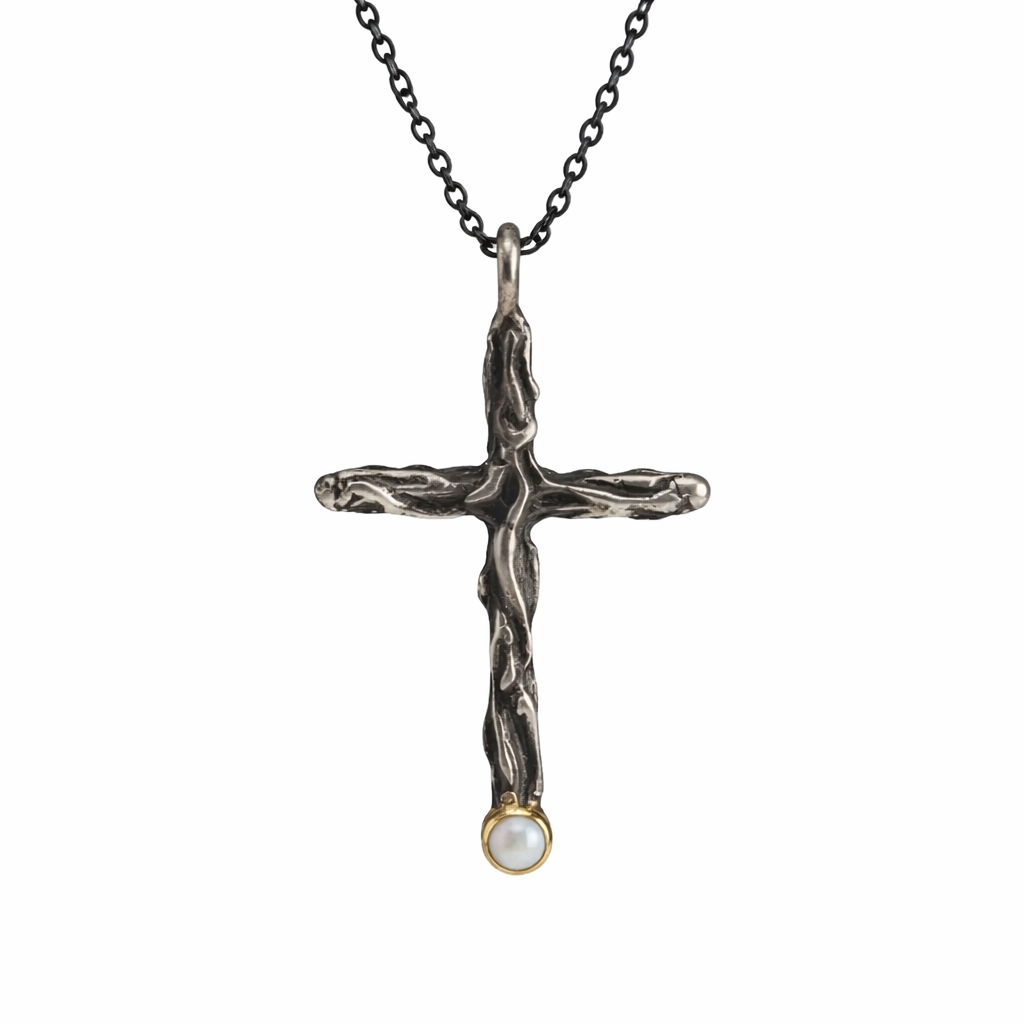 Sterling Silver & 14K Gold Opal Cross Necklace