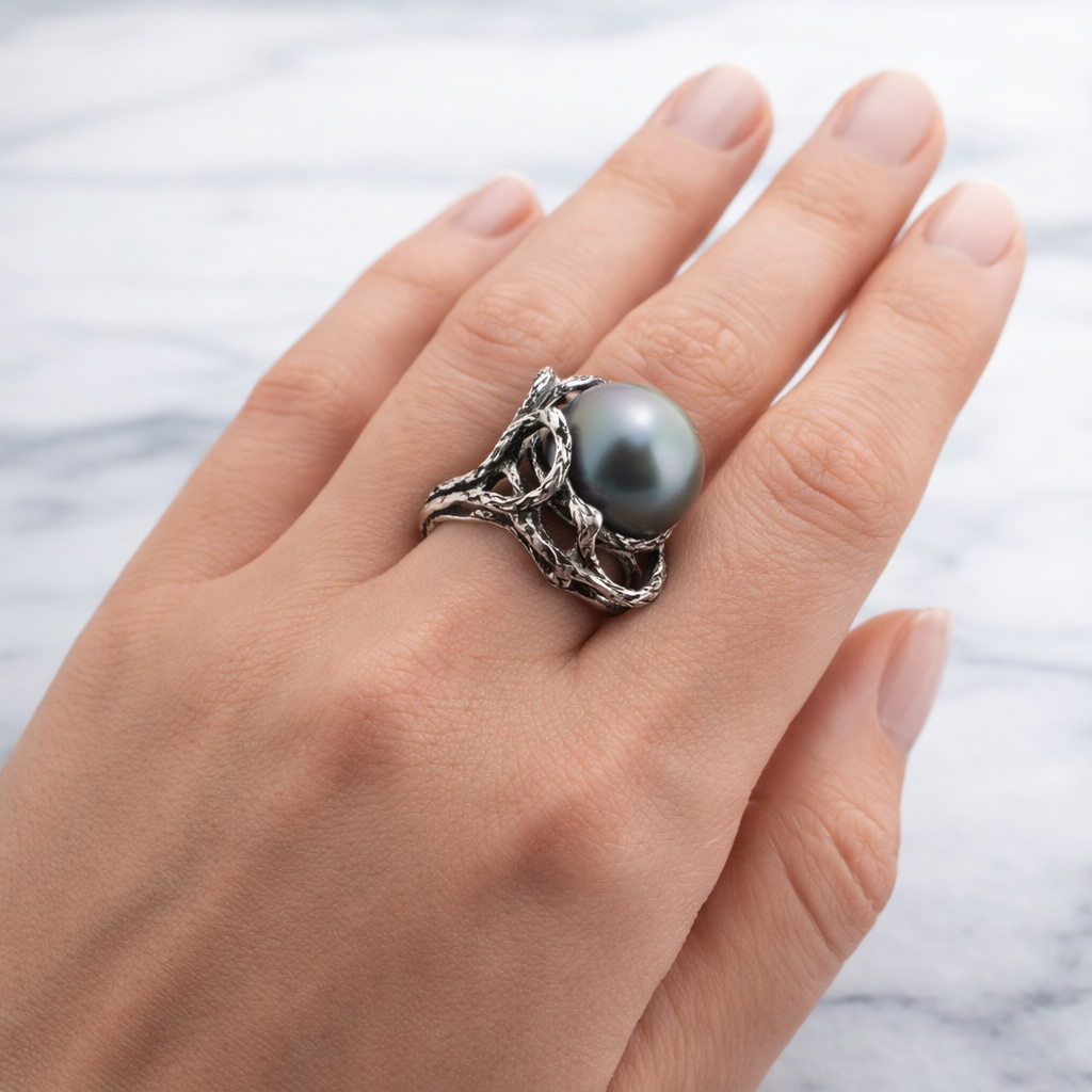 Sterling Silver Black Tahitian Pearl Ring