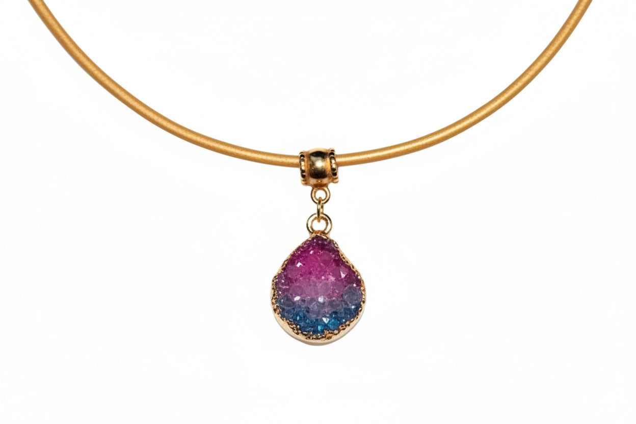 Pink and Blue Druzy Leather Cord Necklace