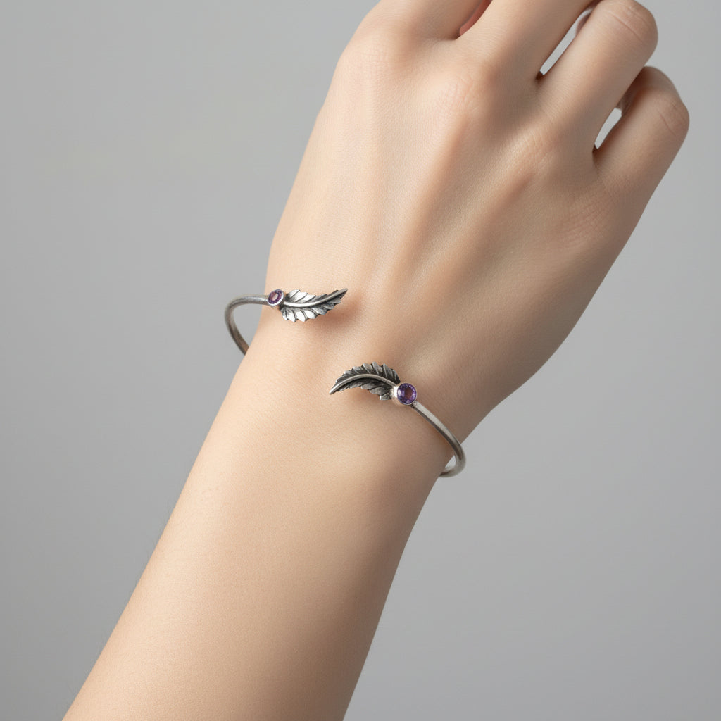 Amethyst Stone Leaf Cuff Bracelet