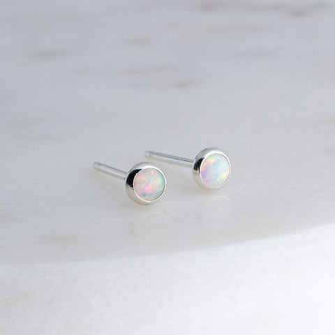 Sterling Silver Stud Earrings with White Opal 3 mm