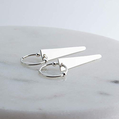 Sterling Silver Hoop Earrings with Silver Beads and Trapezoid Drop