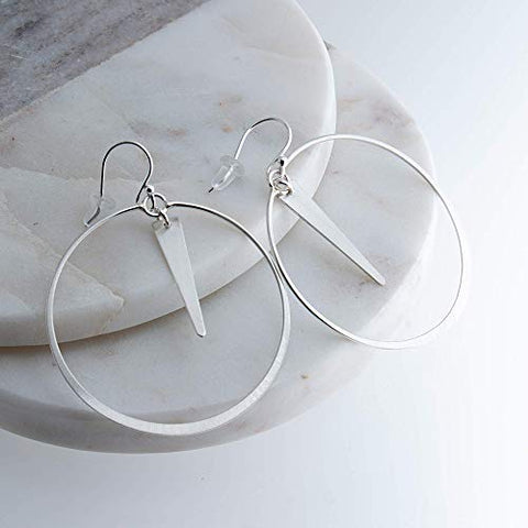Sterling Silver Medium-Large Hoop Earrings with French Wire Hooks and Trapezoid Component