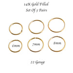 Gold Filled 3 Pair Set of 6-7-8 mm Hoop Earrings gauge 22