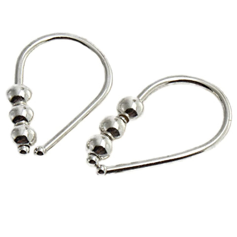 Sterling Silver 20 GA Piercing Teardrop Hoop Horseshoe Arc Hook Earrings with 3 Silver Beads