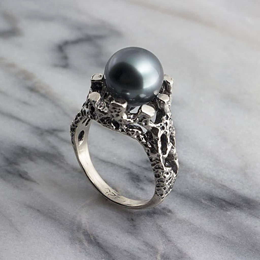 Black Tahitian Pearl Bypass Ring with Gemstones 14K Gold 11.40mm - Once  Upon A Diamond