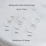 Sterling Silver 3 Pair Set of 6-7-8 mm Hoop Earrings gauge 22