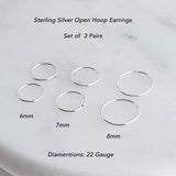 Sterling Silver 3 Pair Set of 6-7-8 mm Hoop Earrings gauge 22