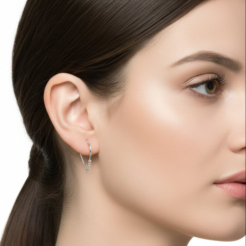 22 GA Sterling Silver Teardrop with 5 Silver Beads Hoop Earrings (18mm)