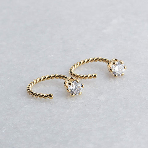 Gold Filled Twisted Small Hoop Earrings with Cubic Zirconia