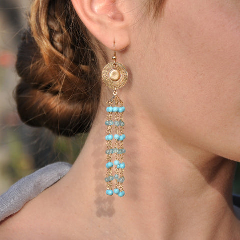Sol and Venus Gold Filled and Bronze Earrings with Aquamarine and Turquoise Beads