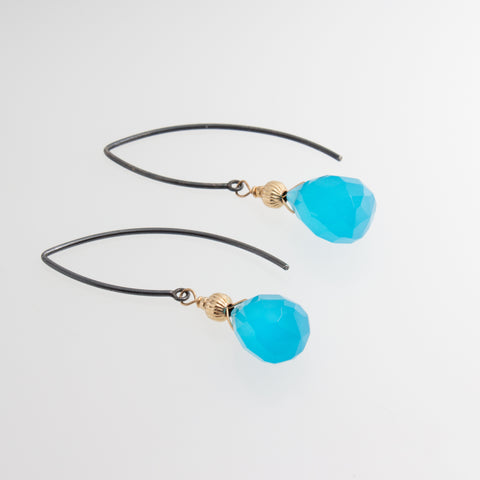 Sterling Silver and 14K Gold Filled Wire Drop Earrings with Aqua Chalcedony