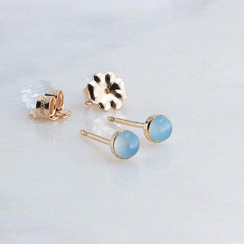 Gold Filled Tiny Stud Earrings with Light Blue Chalcedony 3 mm