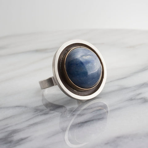 Sterling Silver and 14K solid Gold Round Shape Ring with Blue Kyanite Stone