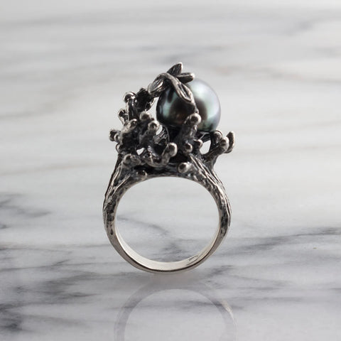 Sol and Venus Saltwater Black Tahitian Pearl Ring in Sterling Silver