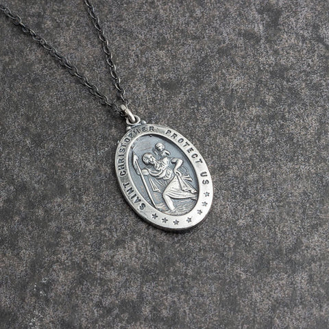 Sterling Silver St. Christopher Oval Pendant Charm Necklace