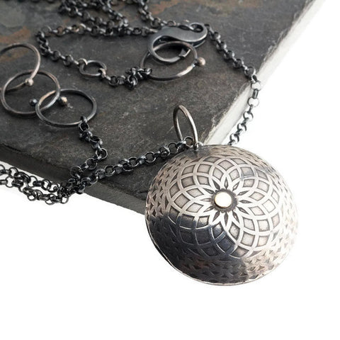 Sterling Silver Large Disc Necklace with Oxidized Sterling Silver Chain