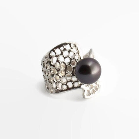 Sol and Venus Black Tahitian Pearl in Sterling Silver Band Handmade Ring