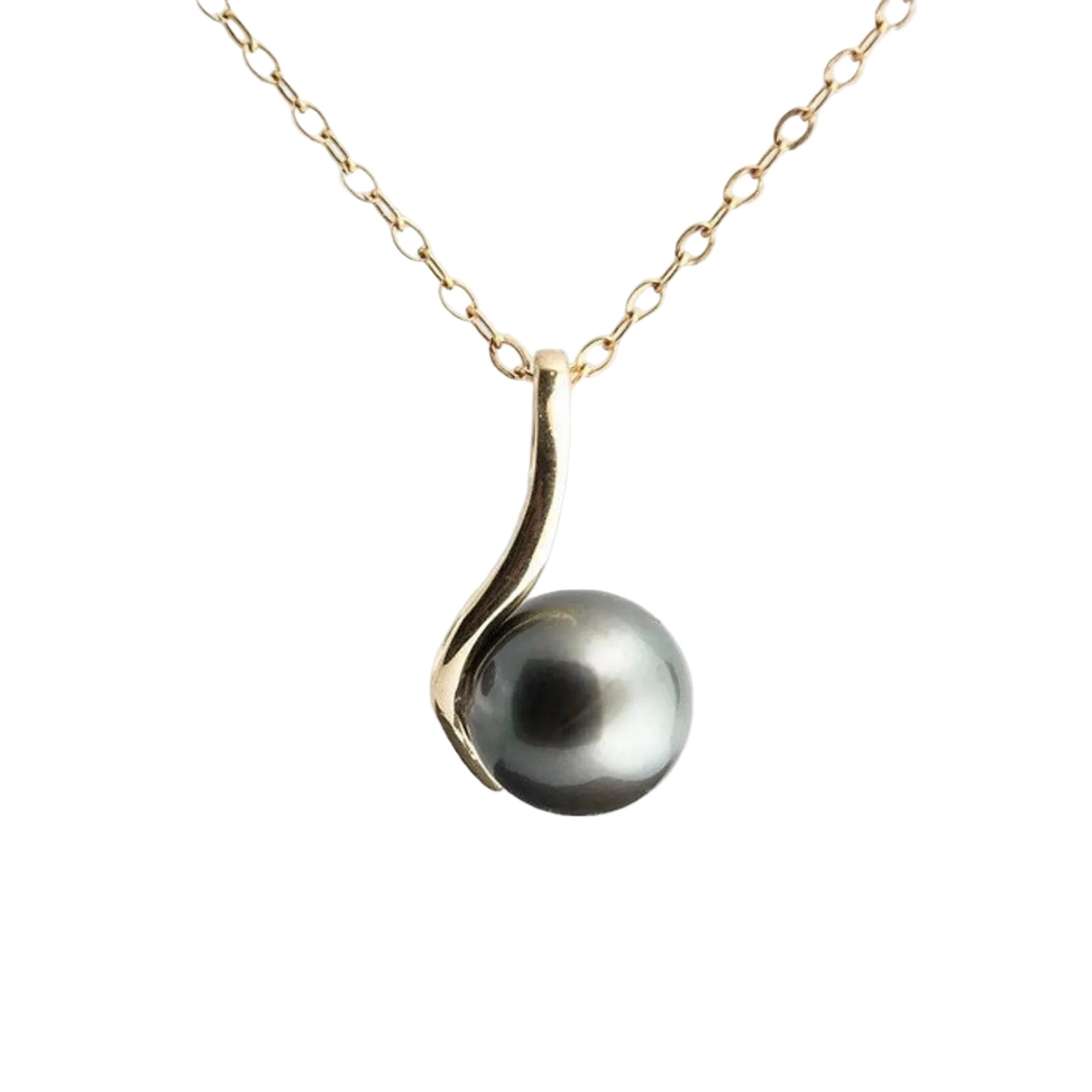 14K Gold Wishbone Pendant with Black Tahitian Pearl Necklace