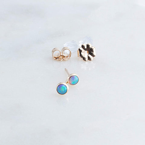 Gold Filled Tiny Stud Earrings with Light Blue Opal 3 mm
