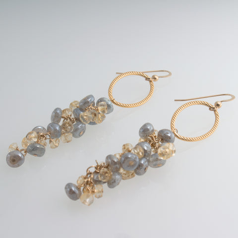 Sol and Venus Long Gold Earrings with Labradorite and Citrine